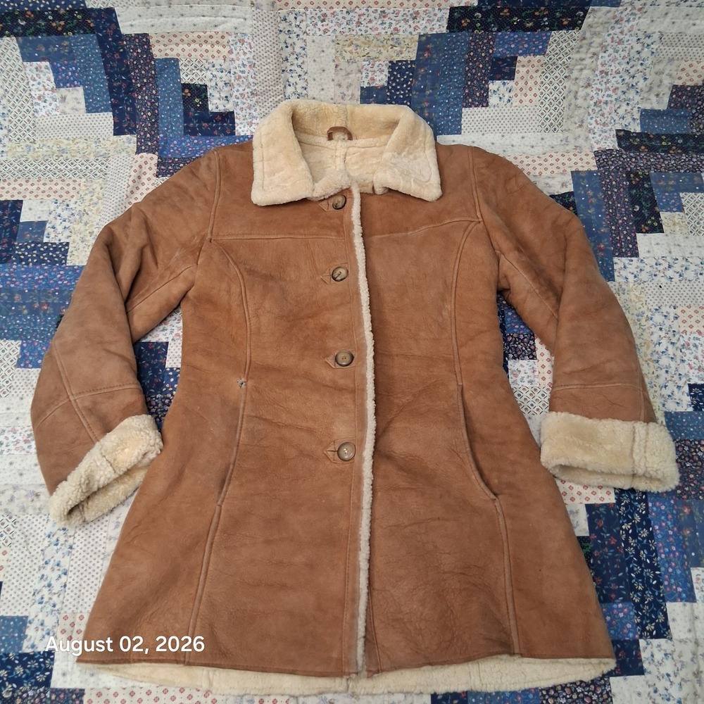 Vintage Womens Shearling Sheepskin Coat Size Small Brown Leather Argentina Long